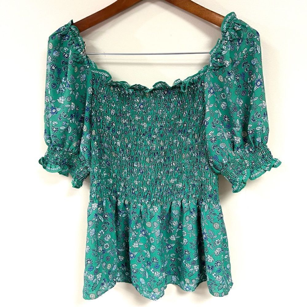 - Max Studio green flowered smocked peasant top size L